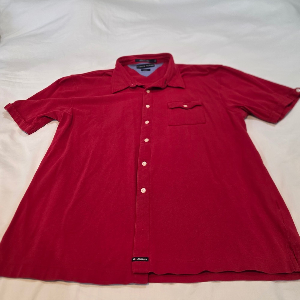Tommy Hilfiger Button Down Mens XL Red Excellent Stretch Pique Short Sleeve